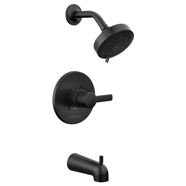 Black matte tub and shower trim kit with round showerhead, lever valve handle, and curved tub spout.