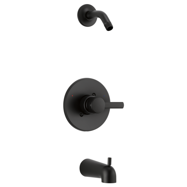 Matte black tub and shower trim with single lever handle and curved spout outlets.