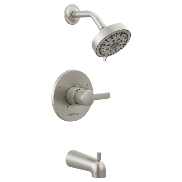 Brushed nickel tub and shower trim kit with round showerhead, wall-mounted valve, and tub spout.