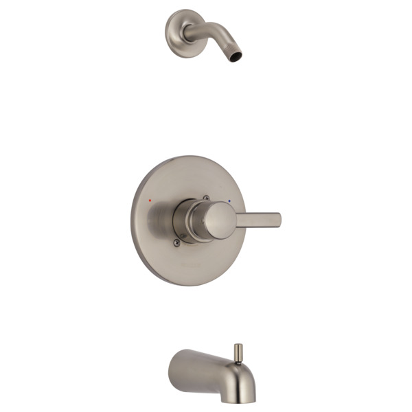 Brushed nickel tub and shower trim kit with round escutcheon plate, single lever handle, curved spout, and wall-mounted showe