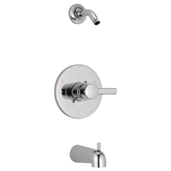 Chrome tub and shower trim kit with round escutcheon plate, lever handle, and curved spout.