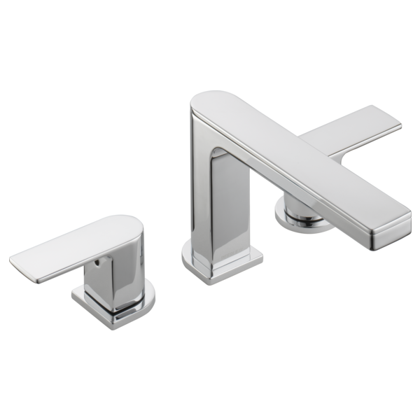 Chrome three-piece roman tub faucet trim with squared handles and matching spout.