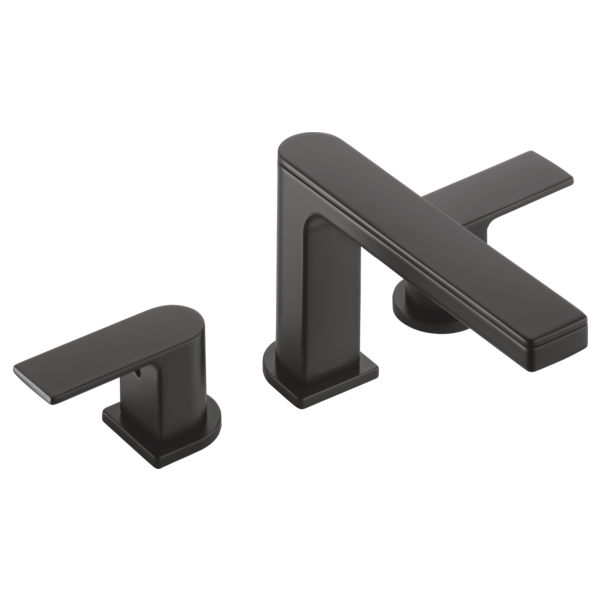 Matte black three-piece roman tub faucet trim with two lever handles and curved spout.