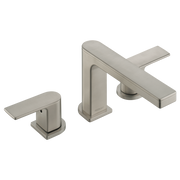 Brushed nickel three-piece roman tub faucet trim with squared handles and deck-mounted spout.