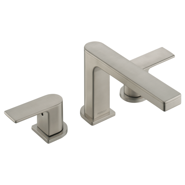 Brushed nickel three-piece roman tub faucet trim with squared handles and deck-mounted spout.