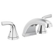Chrome and white roman tub faucet trim kit with two lever handles and curved spout.
