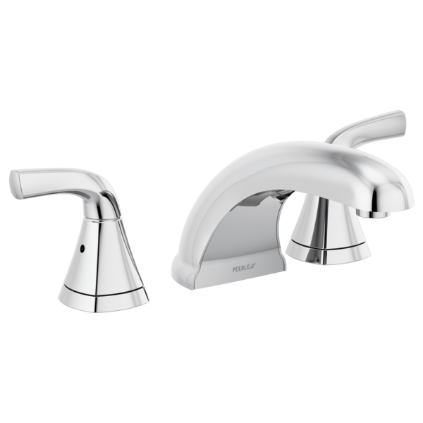 Chrome and white roman tub faucet trim kit with two lever handles and curved spout.