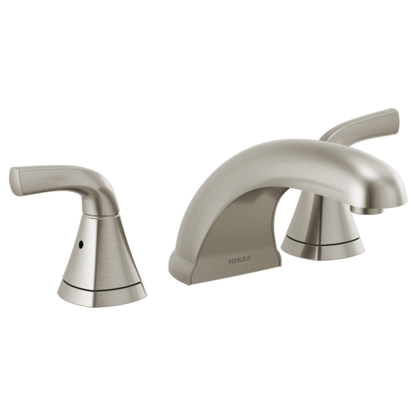 Brushed nickel three-piece roman tub faucet with curved spout and dual lever handles.
