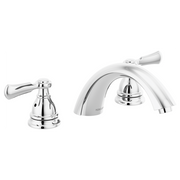 Chrome roman tub faucet trim kit with curved spout, two lever handles, and handheld showerhead.