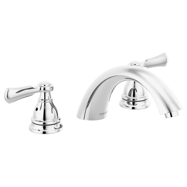 Chrome roman tub faucet trim kit with curved spout, two lever handles, and handheld showerhead.