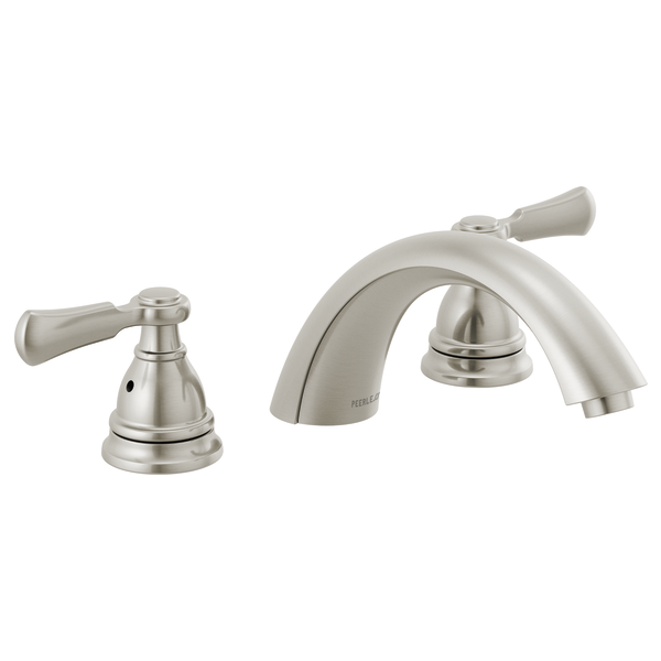 Chrome Roman tub faucet trim kit with curved spout and two lever handles in brushed nickel finish.