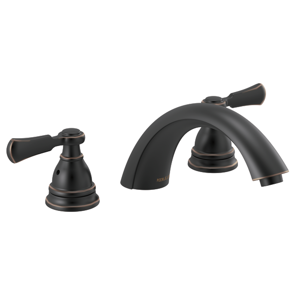 Black three-piece roman tub faucet trim kit with curved spout and lever handles.