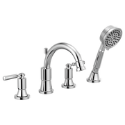 Chrome roman tub faucet with curved spout, lever handle, and detachable handheld showerhead with spray pattern.