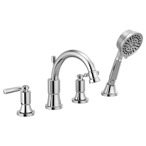 Chrome roman tub faucet with curved spout, lever handle, and detachable handheld showerhead with spray pattern.