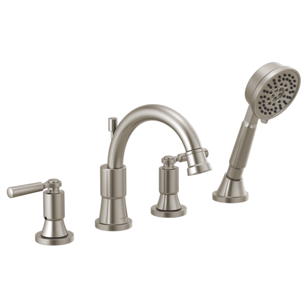 Brushed nickel four-piece roman tub faucet trim with curved spout, lever handle, and detachable hand shower head.