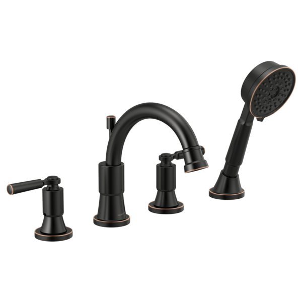 Black four-piece roman tub faucet trim kit with curved spout, lever handle, and detachable hand shower head.