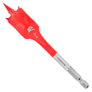 Red and gray spade bit with serrated edges and hex shank against white background.