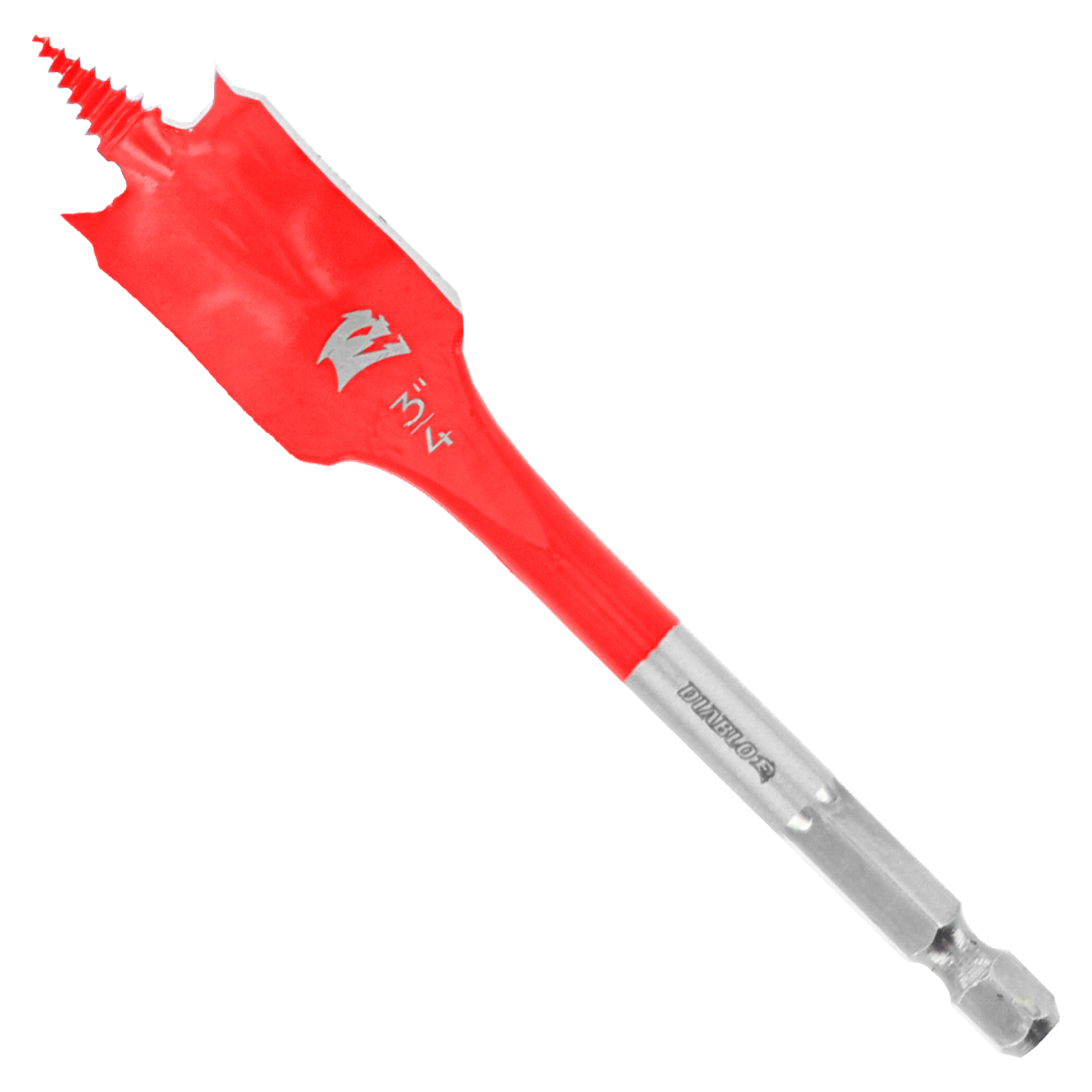 Red and gray spade bit with serrated edges and hex shank against white background.