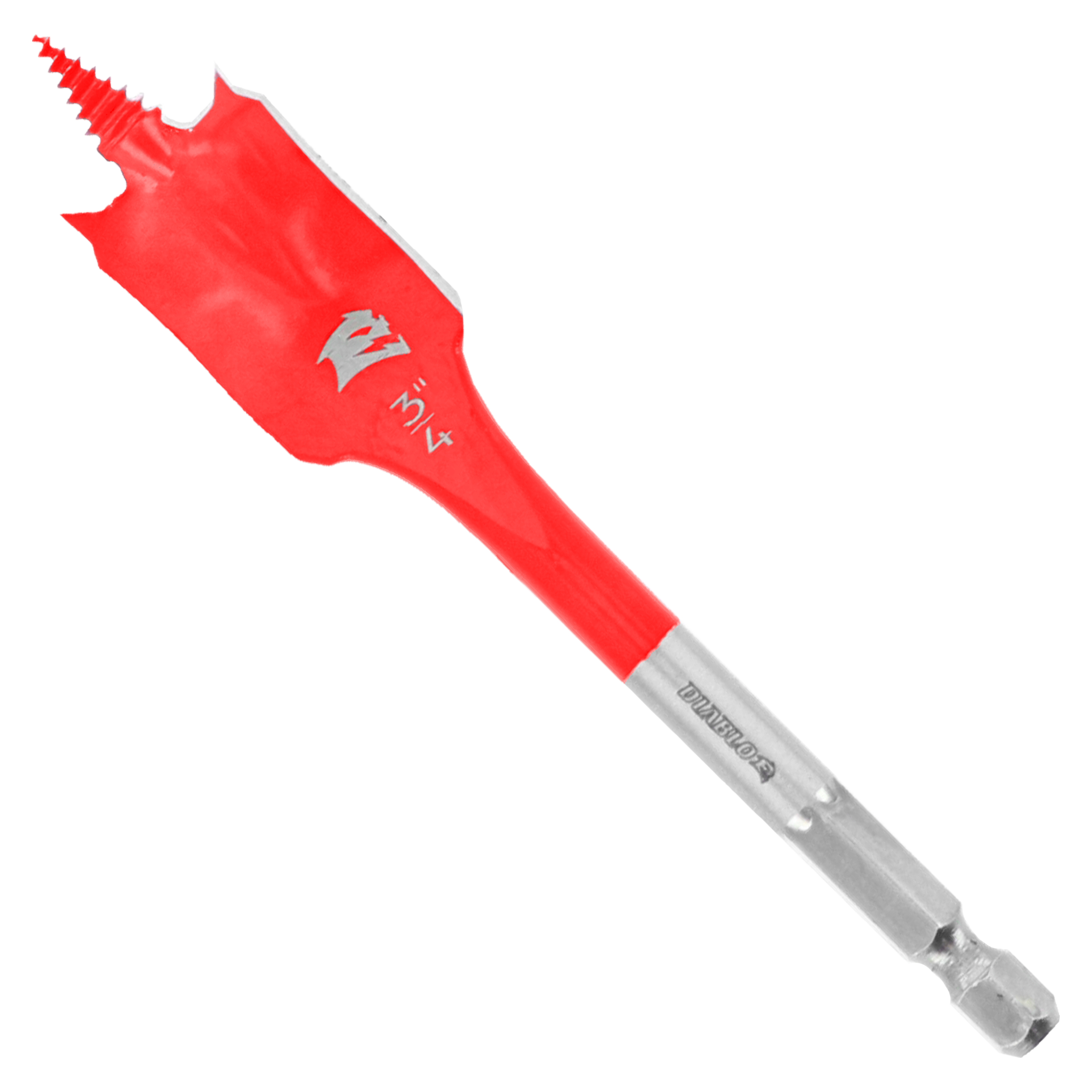 Red and gray spade bit with serrated edges and hex shank against white background.
