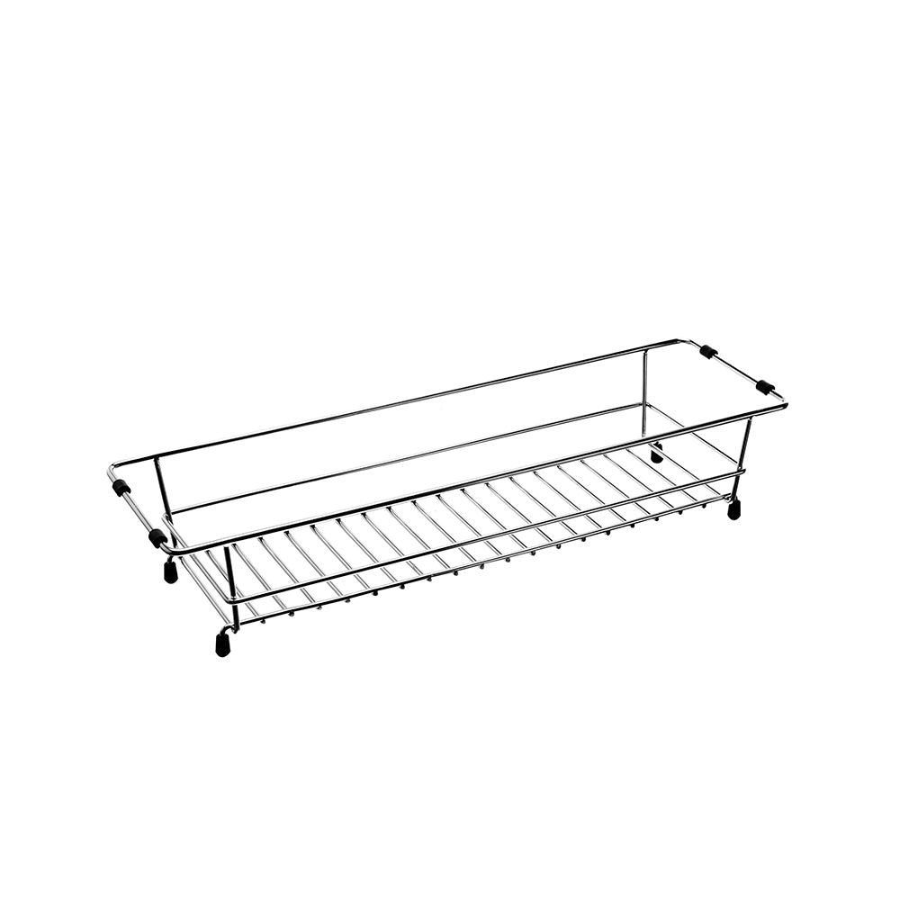 Rectangular stainless steel sink basket with slatted bottom and four rubber feet.