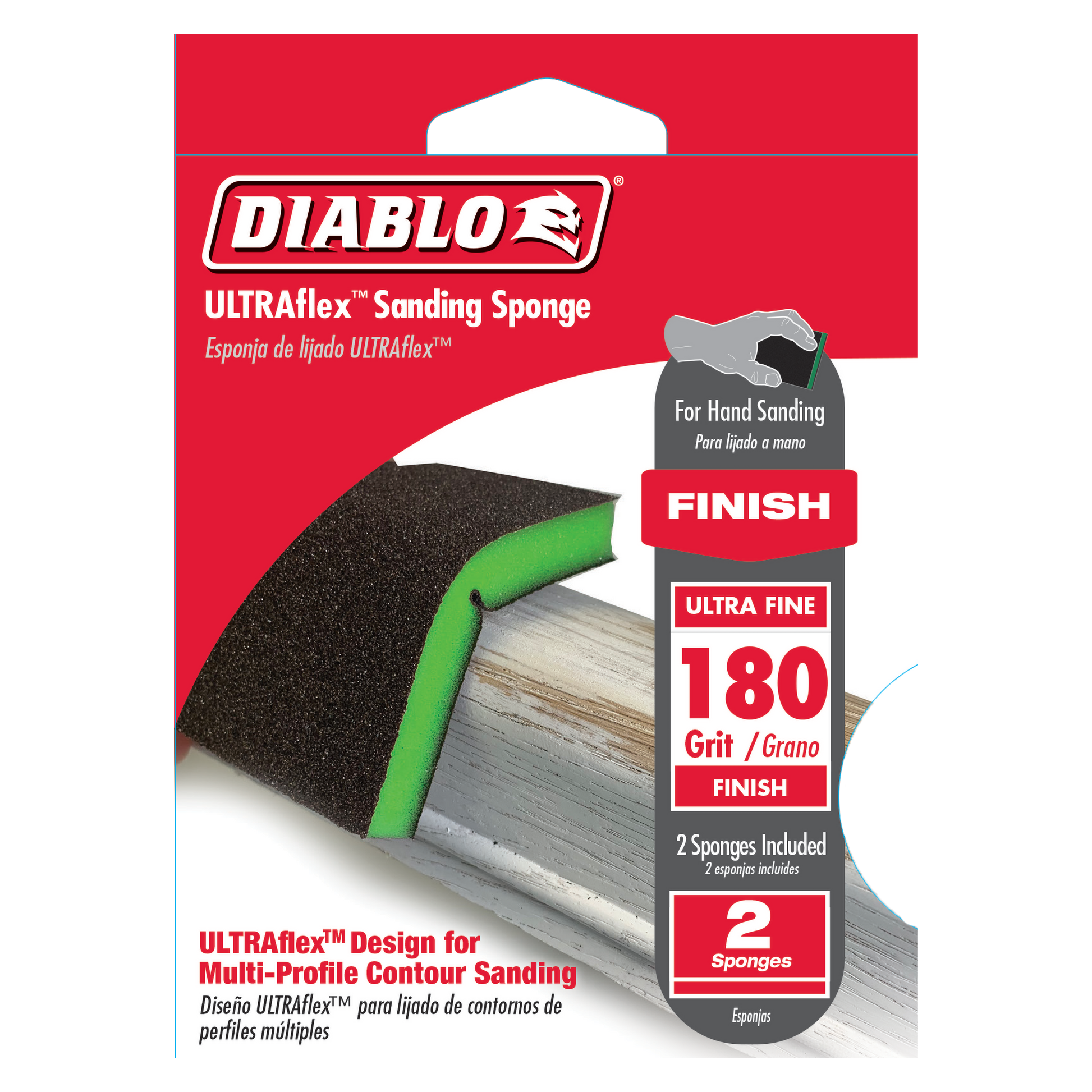 Two-piece Diablo ULTRAflex 180-grit sanding sponges with green flexible core for hand sanding curved surfaces.