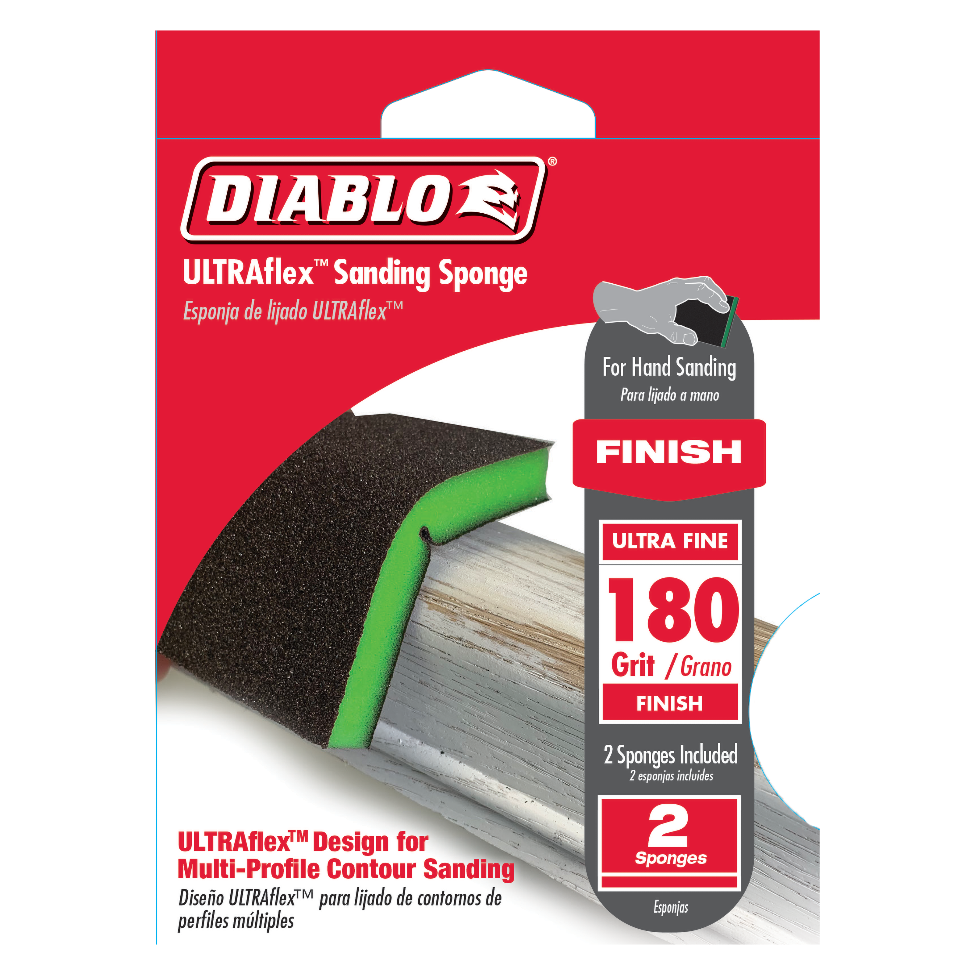 Two-piece Diablo ULTRAflex 180-grit sanding sponges with green flexible core for hand sanding curved surfaces.