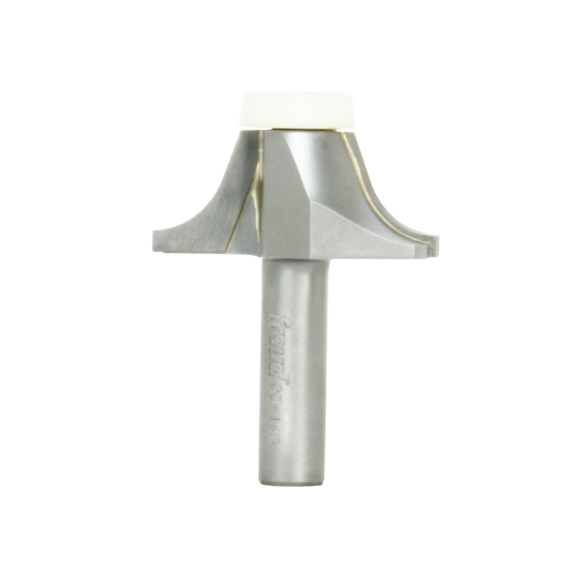 Round over bowl bit with 1/2-inch radius, cylindrical shank, and curved cutting head with white plastic cap.