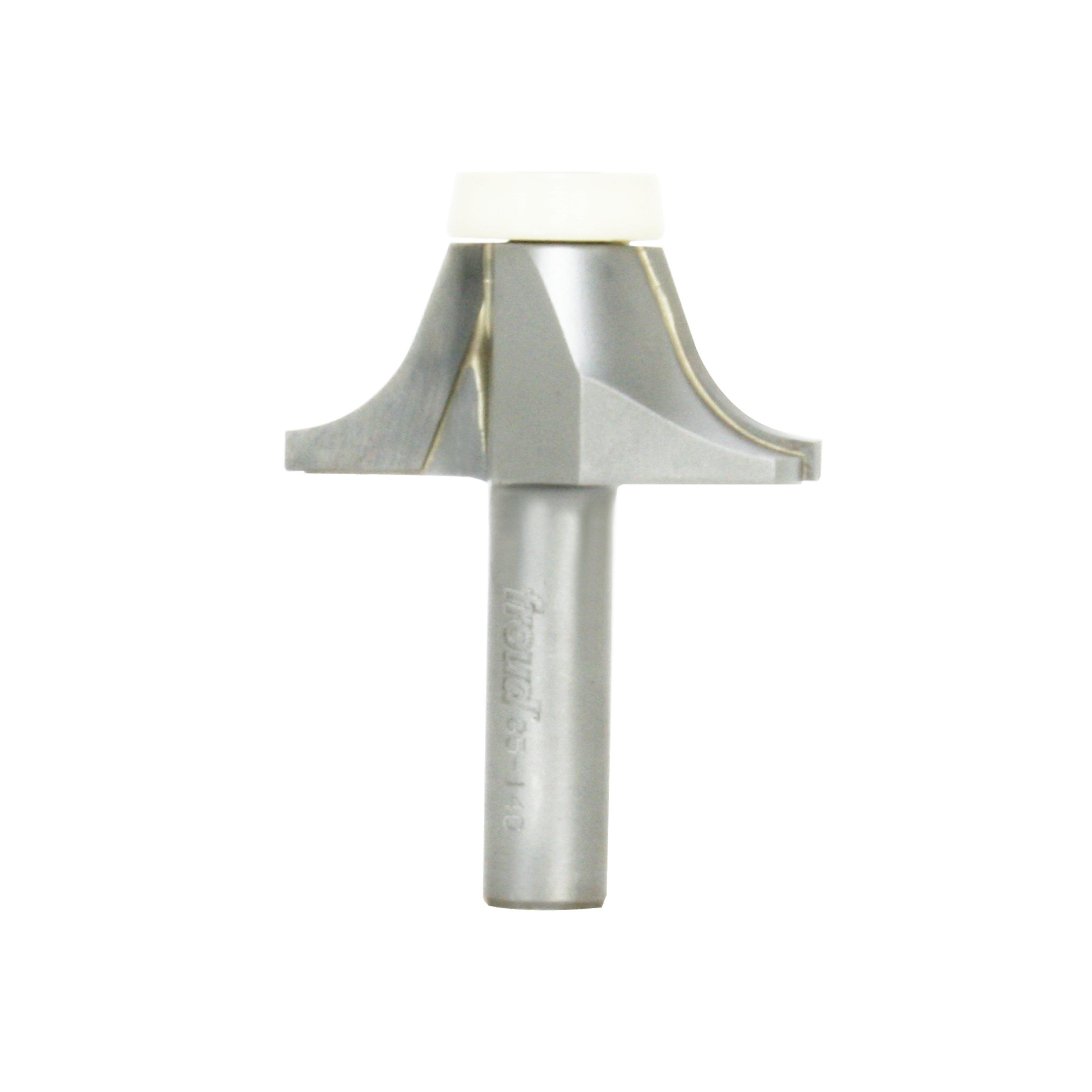 Round over bowl bit with 1/2-inch radius, cylindrical shank, and curved cutting head with white plastic cap.