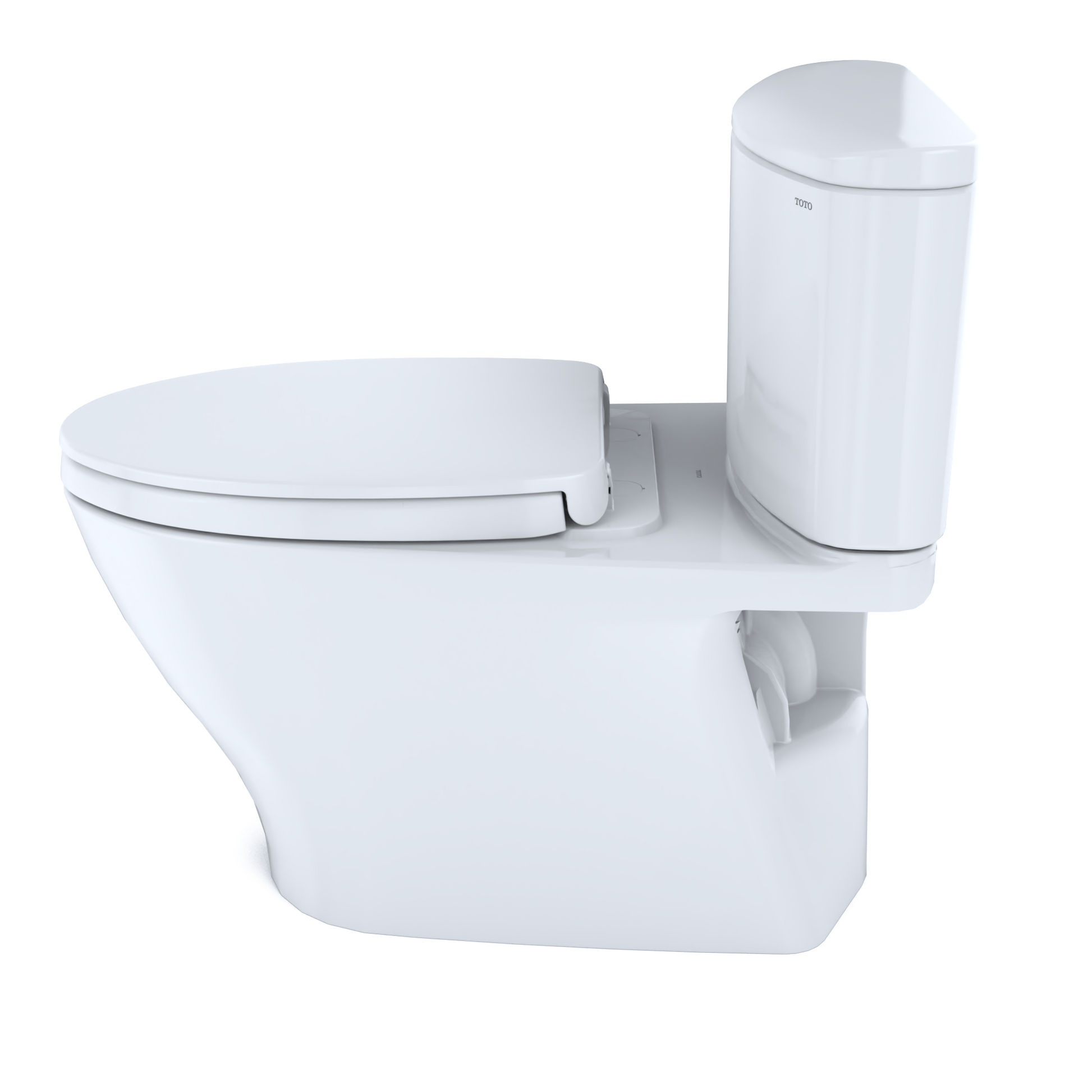 White two-piece elongated toilet with soft-close seat and integrated bidet attachment unit.