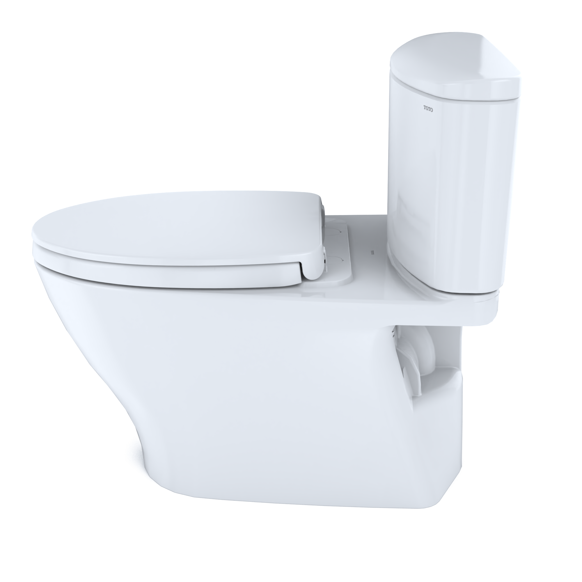 White two-piece elongated toilet with soft-close seat and integrated bidet attachment unit.