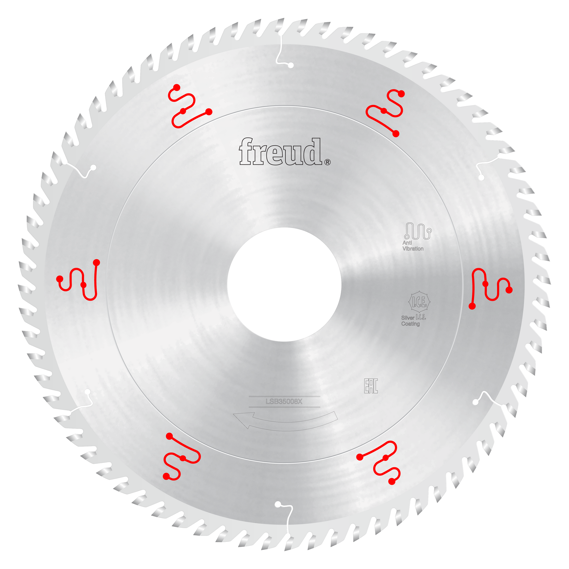 Freud 350mm circular saw blade with silver tooth design and red markings for horizontal beam saw applications.