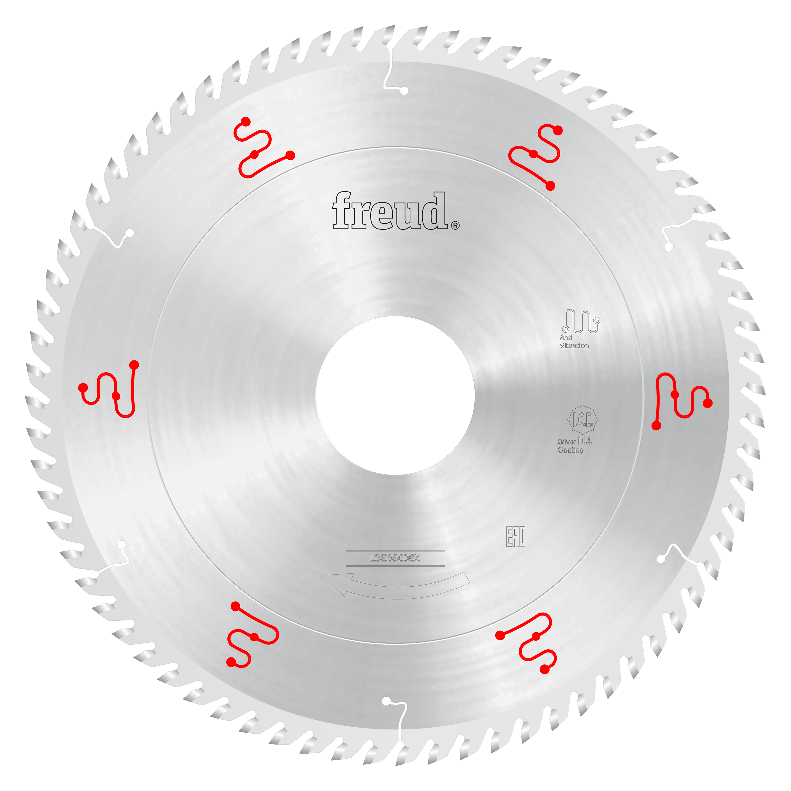 Freud 350mm circular saw blade with silver tooth design and red markings for horizontal beam saw applications.