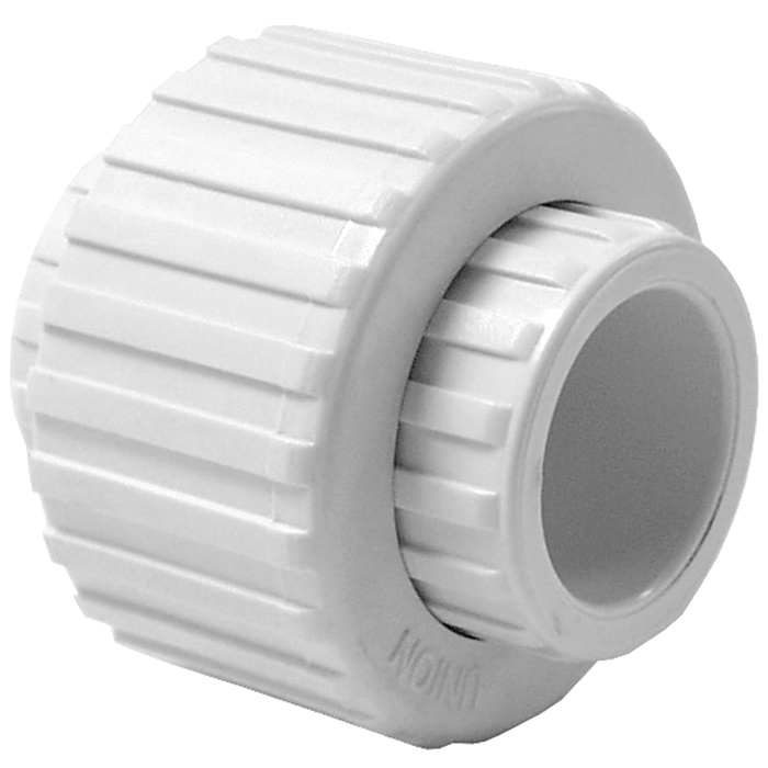 White PVC union fitting with ridged grip nut and threaded connection ports.