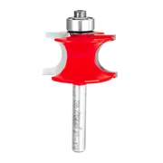 Red beading router bit with silver metal shank and rounded cutting head on white background.
