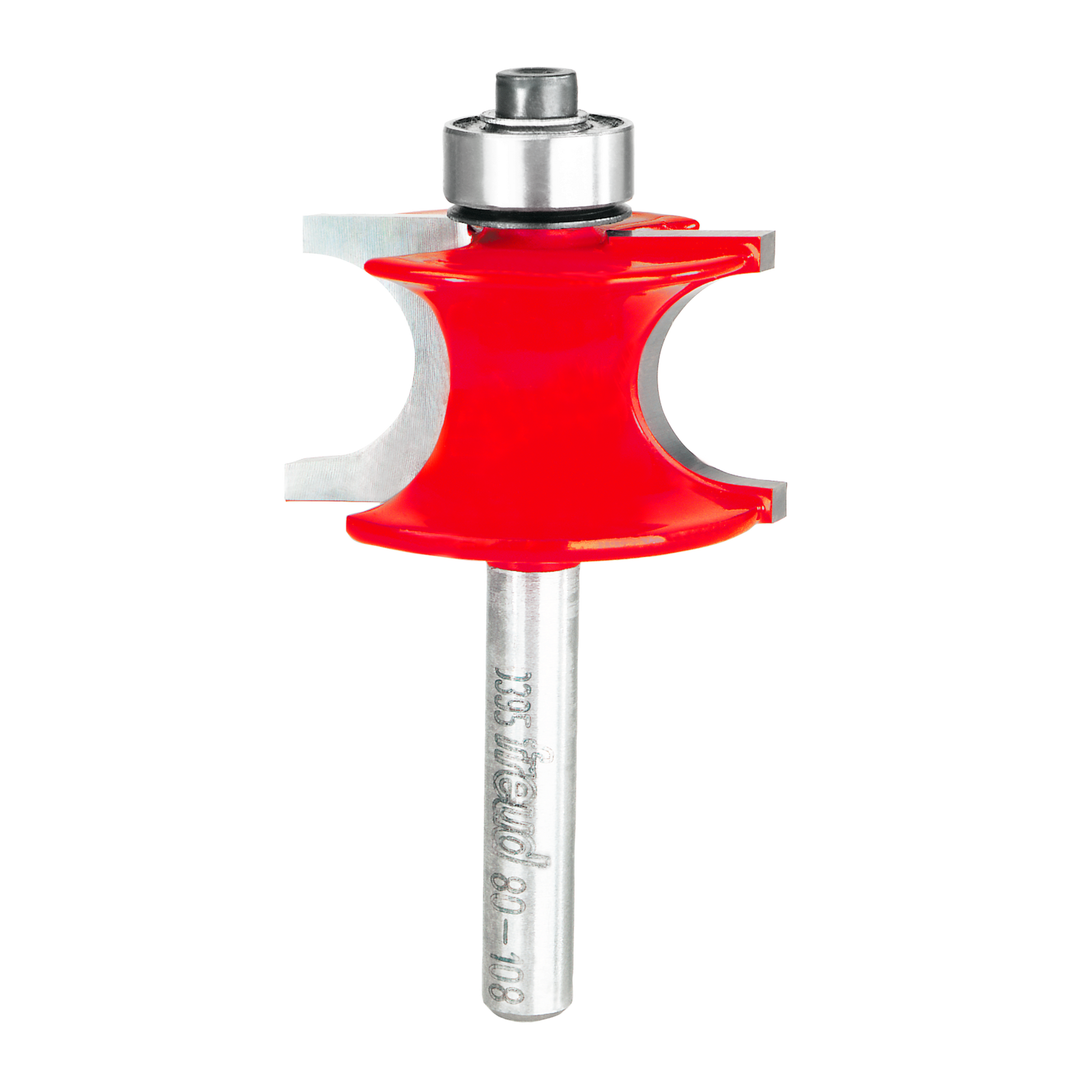 Red beading router bit with silver metal shank and rounded cutting head on white background.