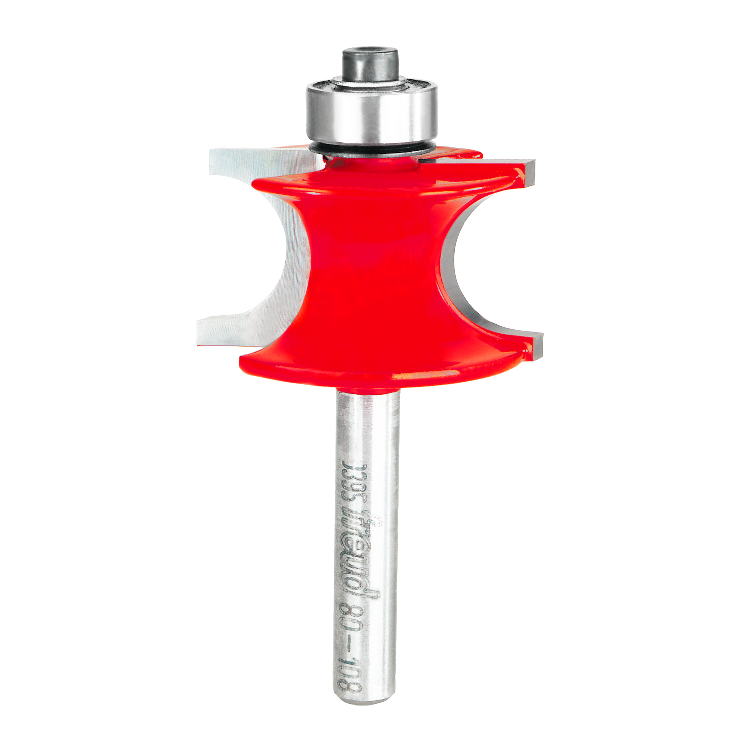 Red beading router bit with silver metal shank and rounded cutting head on white background.
