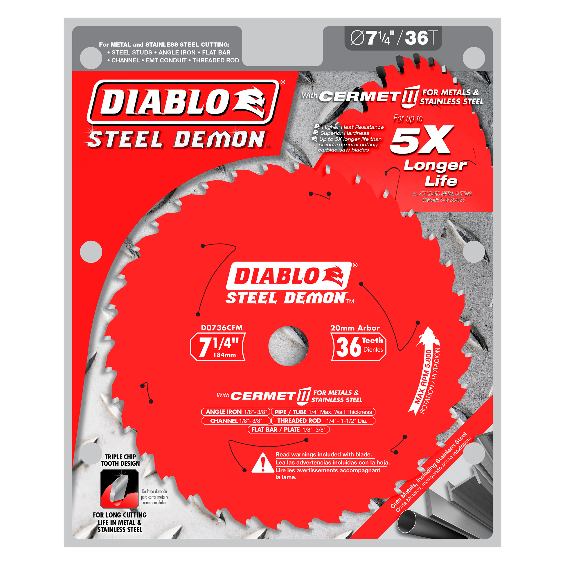 Diablo Steel Demon 7 1/4" circular saw blade with 36 teeth and 20mm arbor for metal and stainless steel cutting.