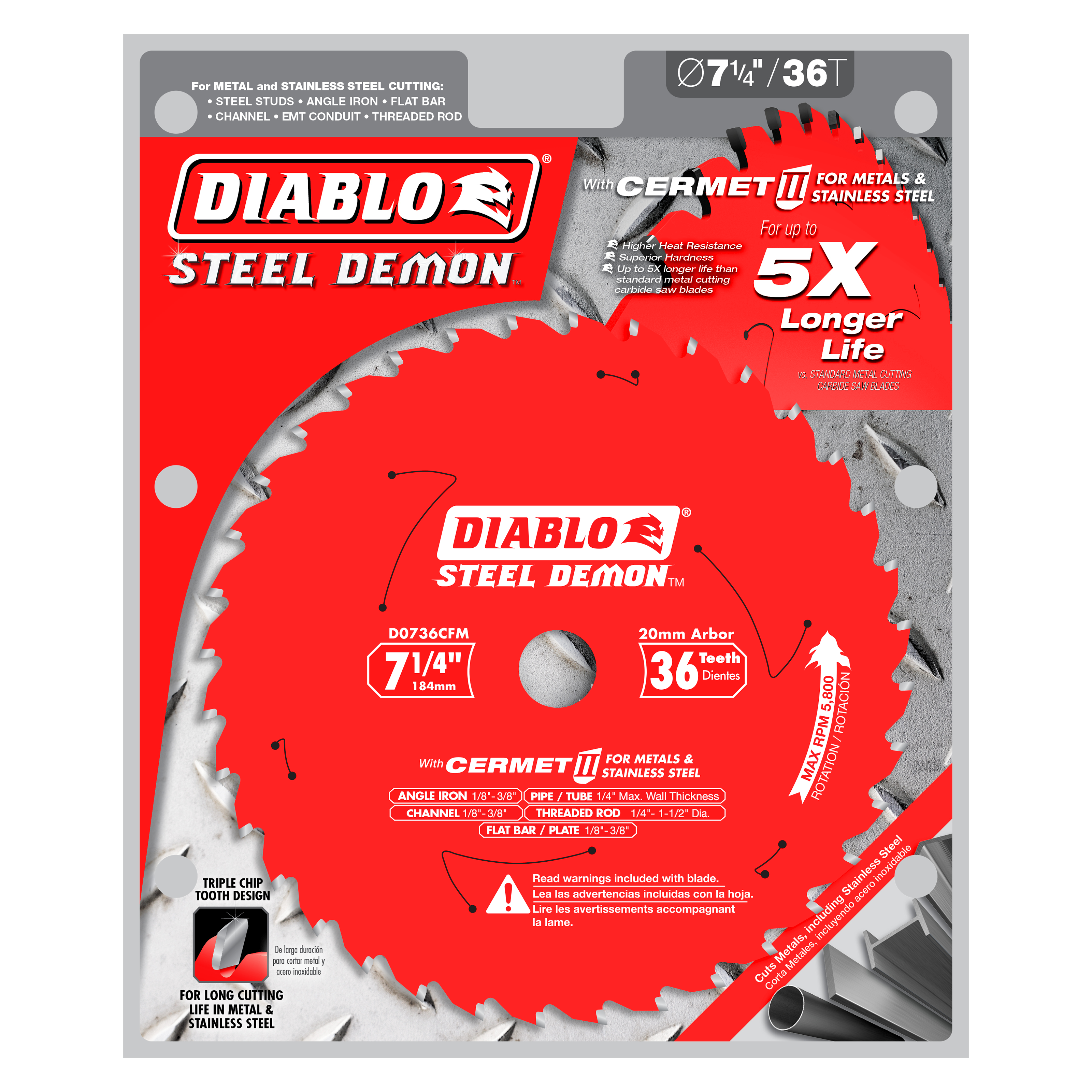 Diablo Steel Demon 7 1/4" circular saw blade with 36 teeth and 20mm arbor for metal and stainless steel cutting.