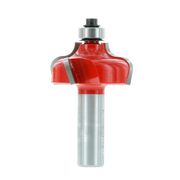 Red and silver ogee fillet router bit with curved cutting edges on cylindrical shank.