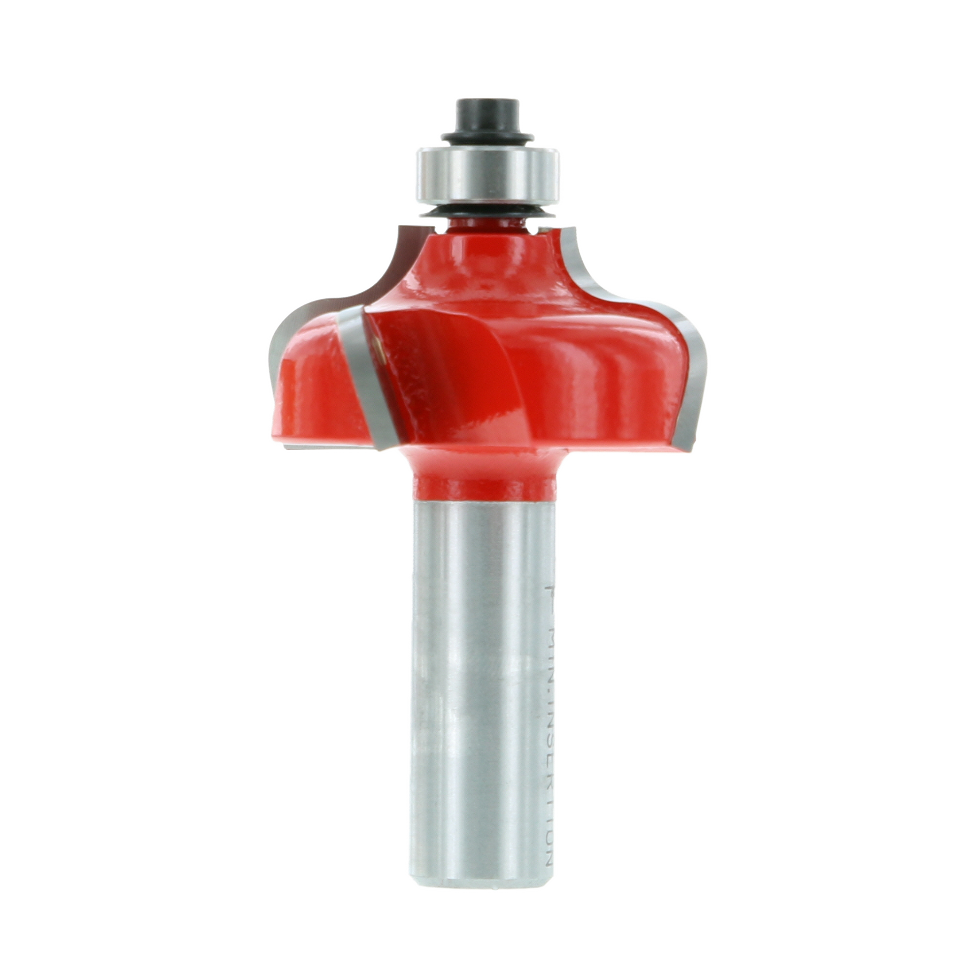 Red and silver ogee fillet router bit with curved cutting edges on cylindrical shank.