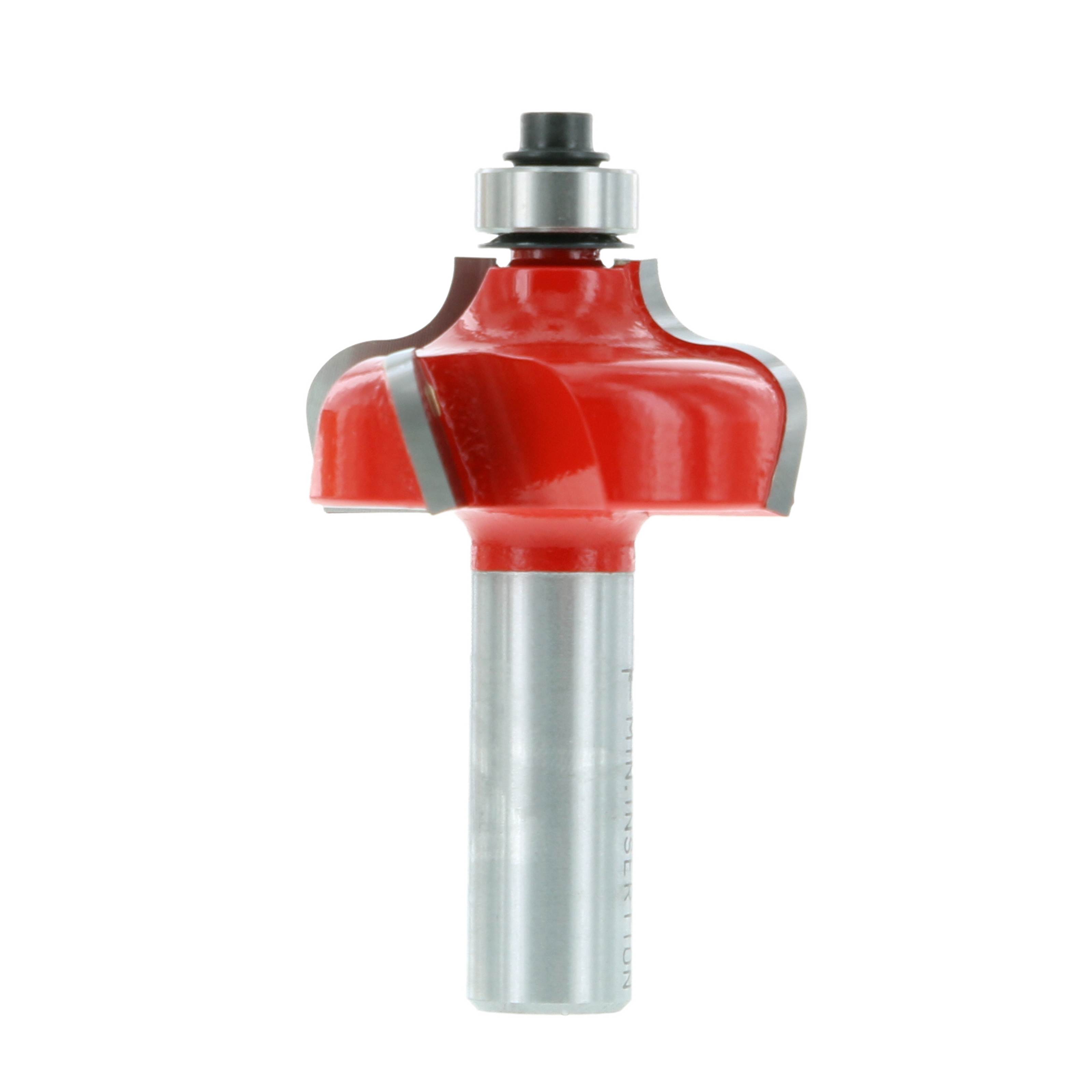 Red and silver ogee fillet router bit with curved cutting edges on cylindrical shank.