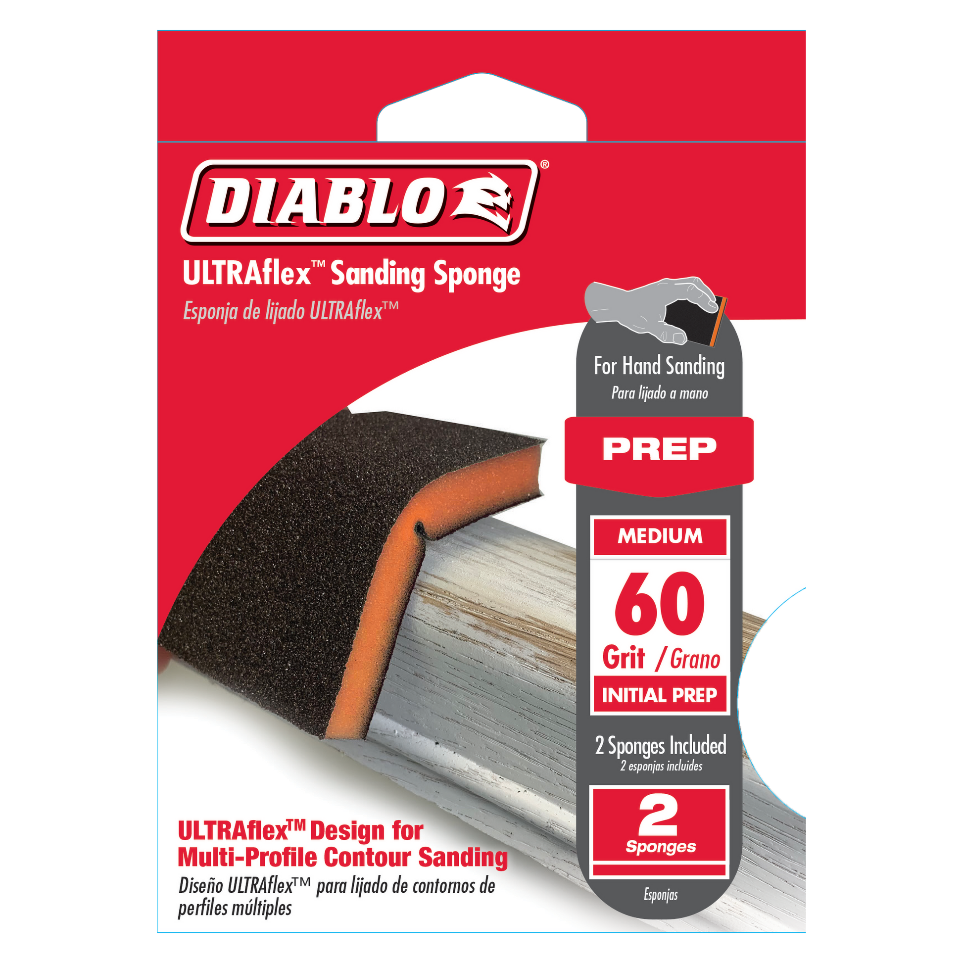Two Diablo ULTRAflex 60-grit coarse sanding sponges with orange edges on red packaging.