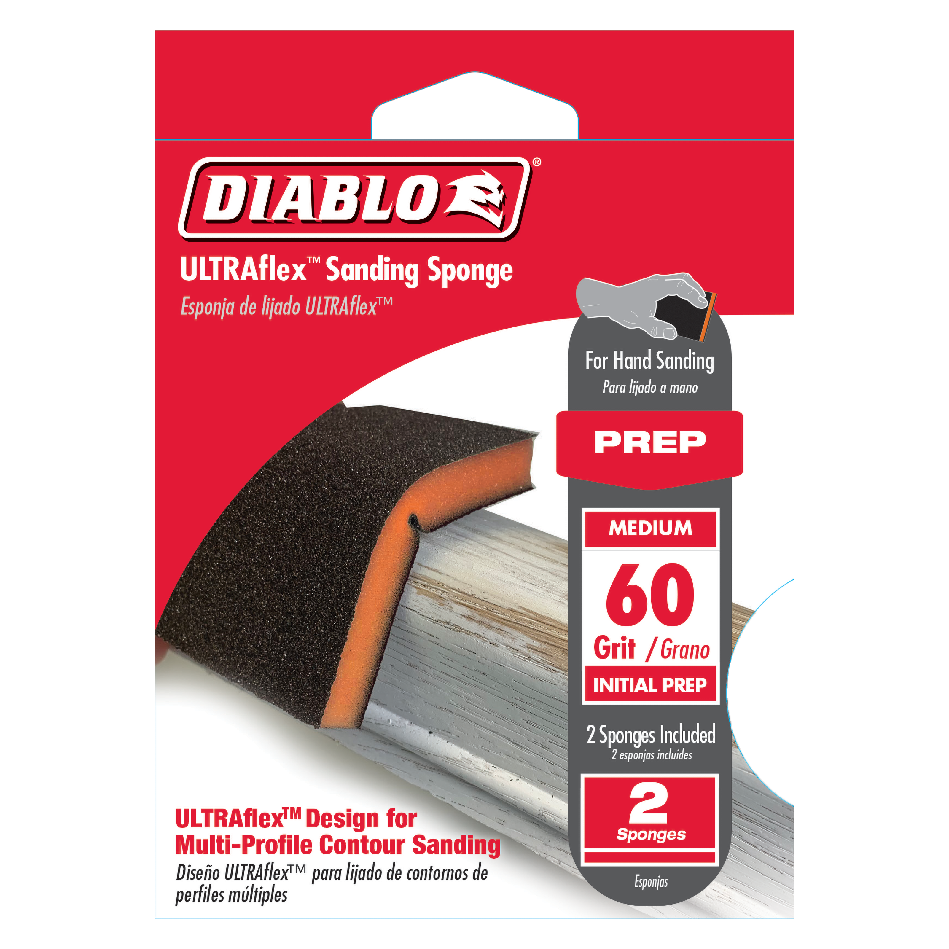 Two Diablo ULTRAflex 60-grit coarse sanding sponges with orange edges on red packaging.