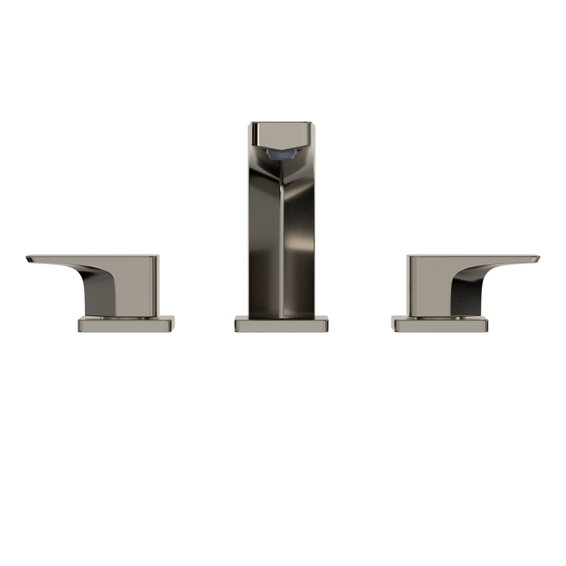 Polished nickel widespread bathroom faucet with tall central spout and two curved side handles.