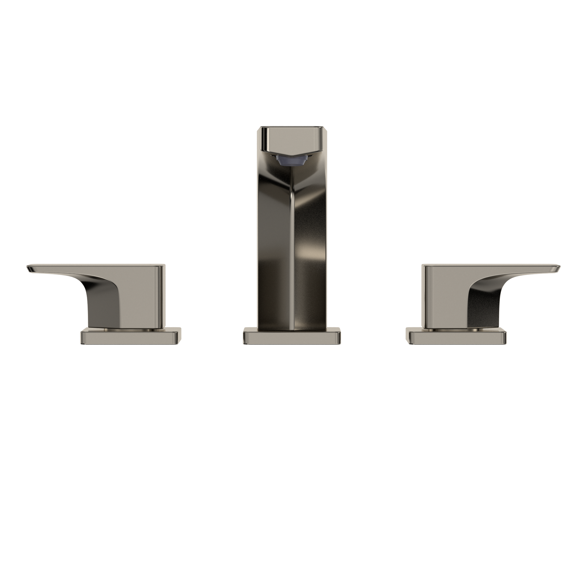 Polished nickel widespread bathroom faucet with tall central spout and two curved side handles.
