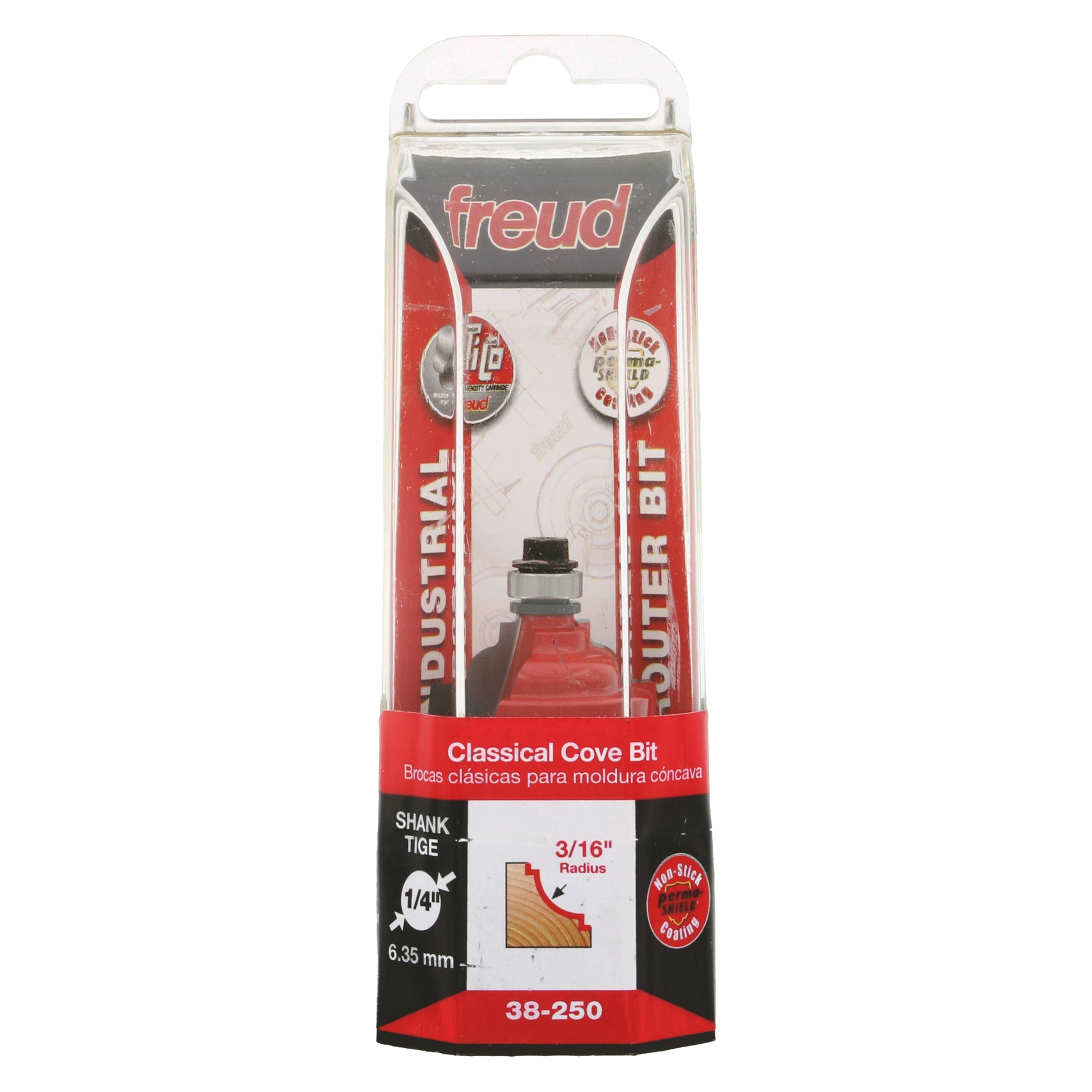 Freud 38-250 classical cove bit with red body, 3/16" radius, 1/4" shank in clear retail packaging.