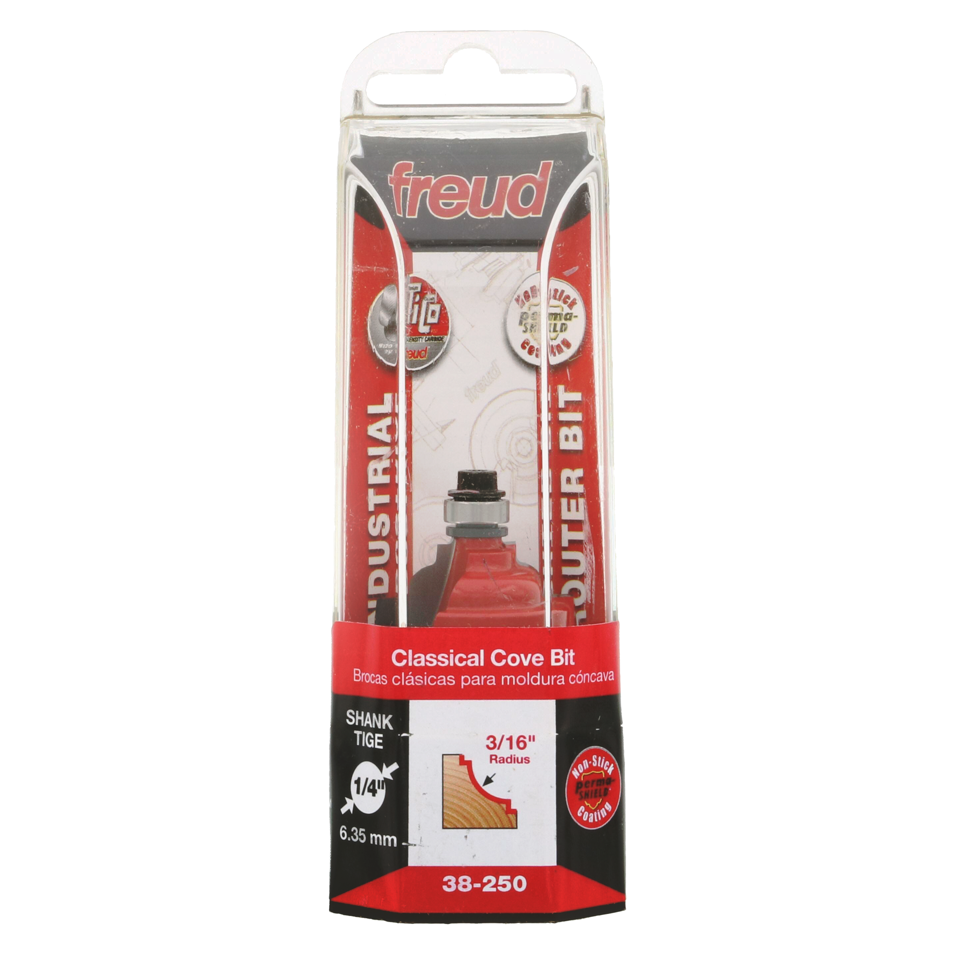 Freud 38-250 classical cove bit with red body, 3/16" radius, 1/4" shank in clear retail packaging.
