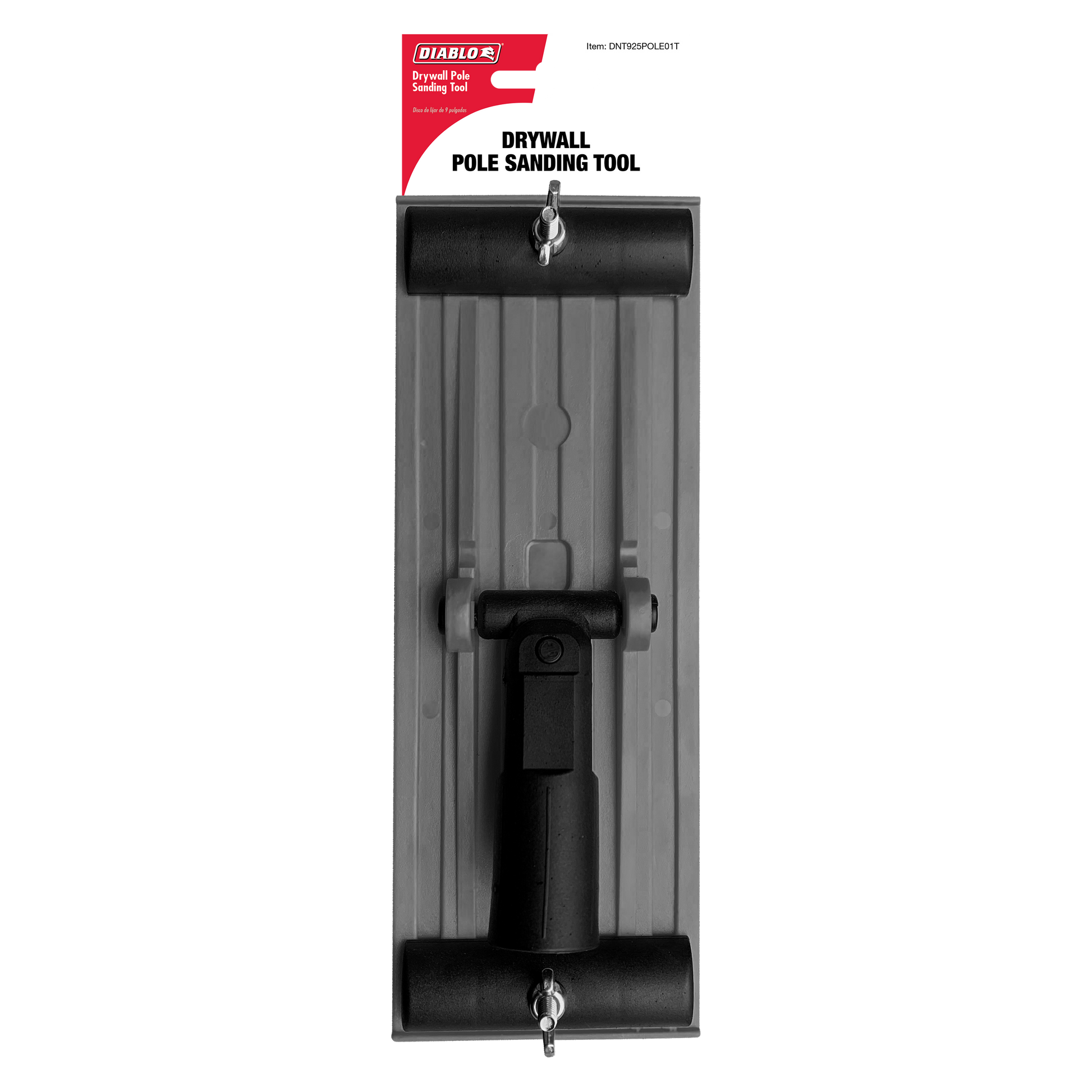 Diablo drywall pole sander with black handle, gray sanding pad, and mounting hardware for vertical wall application.