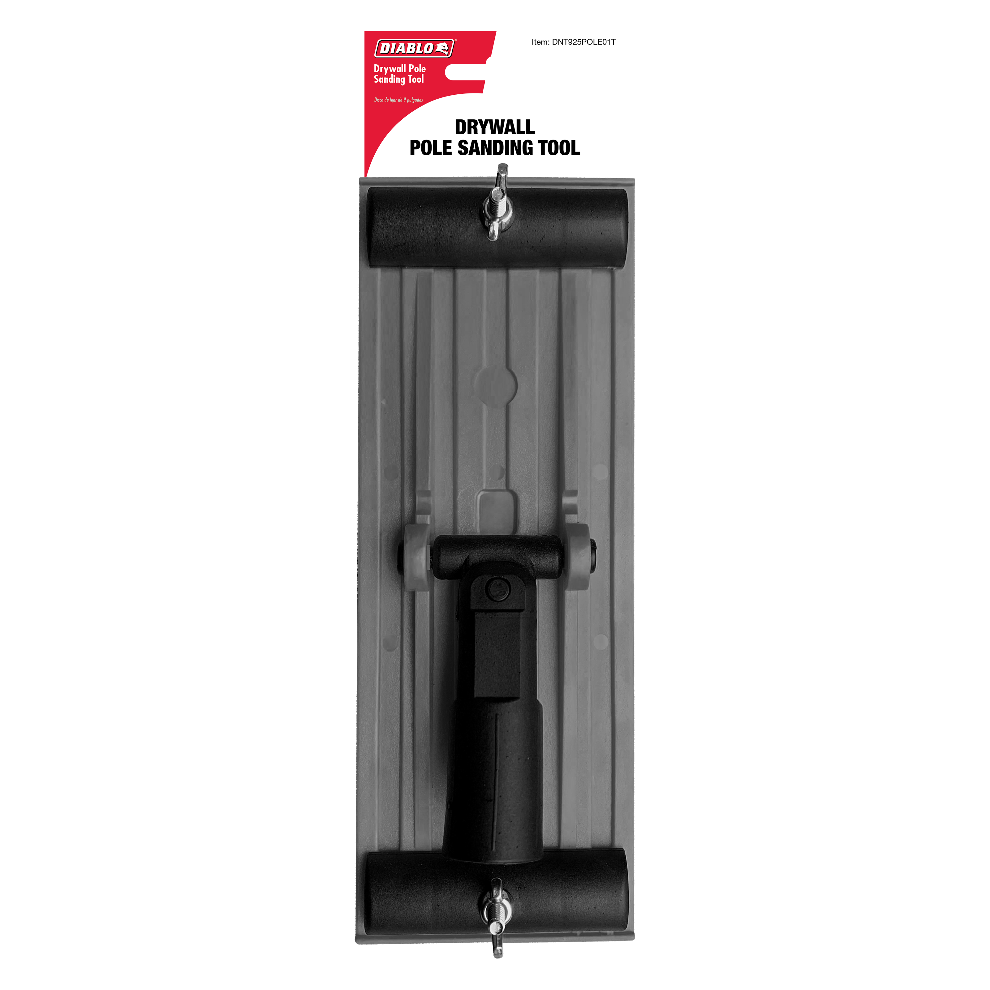 Diablo drywall pole sander with black handle, gray sanding pad, and mounting hardware for vertical wall application.