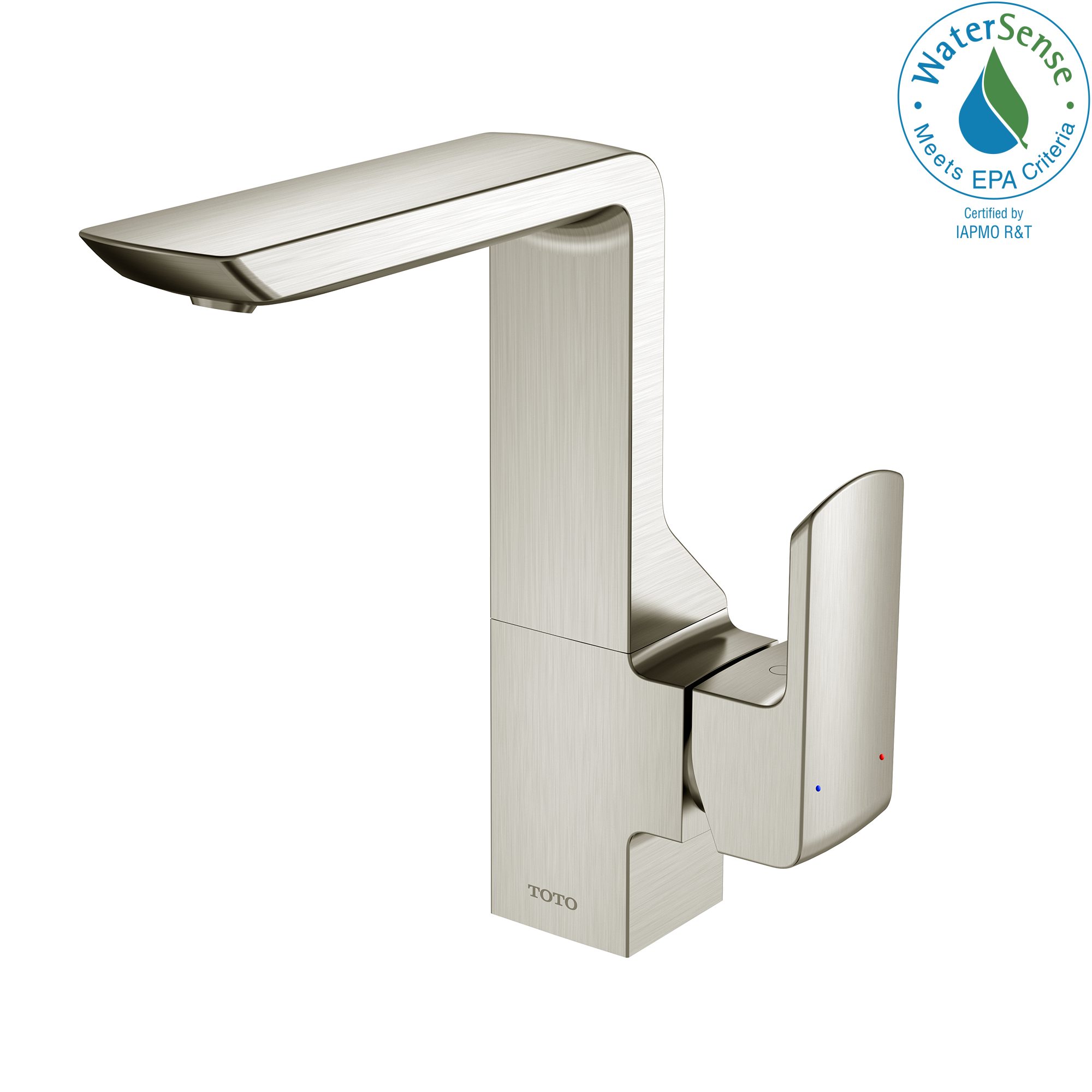 Brushed nickel single-handle bathroom sink faucet with rectangular spout and curved lever handle.